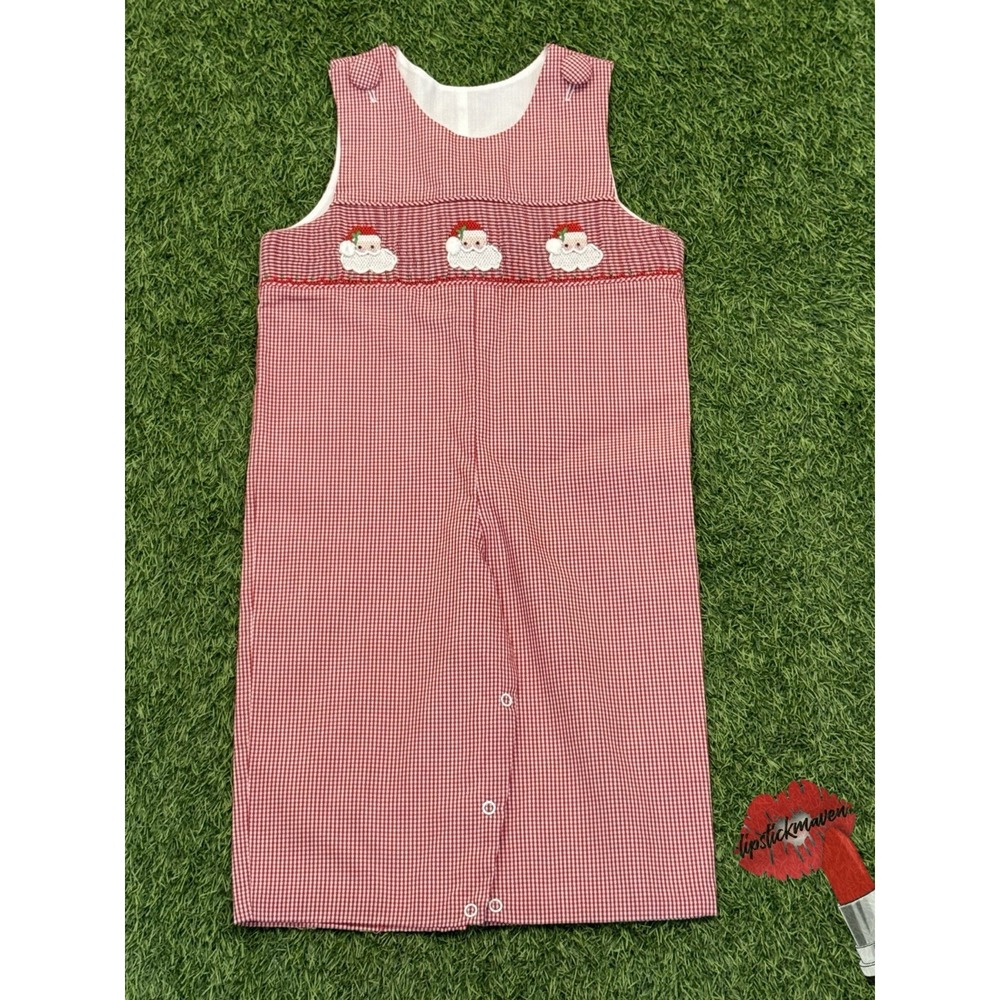 Delaney Smocked Overalls Romper 18M Red Christmas Santa Claus Festive Holiday